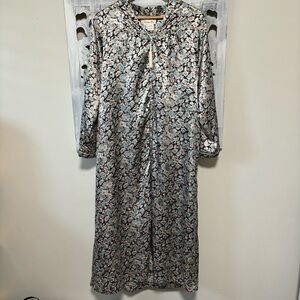 Vintage Christian Dior Satin Blue/White Floral Long Sleeve Nightgown Dress
